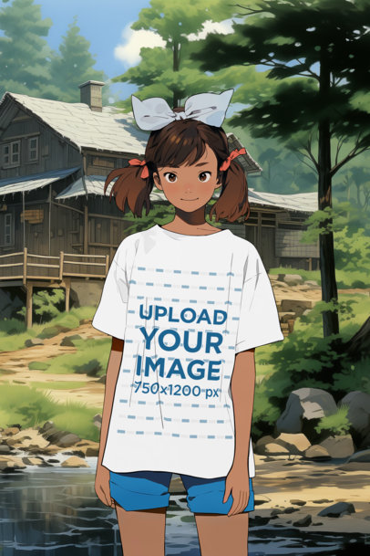 Round-Neck Tee Mockup of an AI-Created Teenage Girl Graphic Inspired by a Ghibli Style