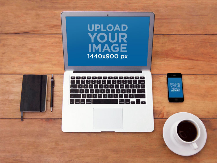 Mockup of a MacBook and an iPhone Placed Over a Wooden Table Featuring a Cup of Coffee