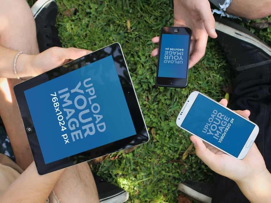 Digital Mockup Featuring People Holding a Samsung Galaxy and Apple Devices