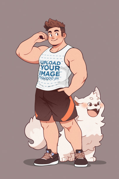 Mockup of an Illustrated Man Wearing a Tank Top Next to His Fantasy Pet