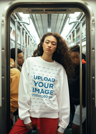 Mockup of a Girl with Curly Hair Wearing a Sweatshirt in a Subway