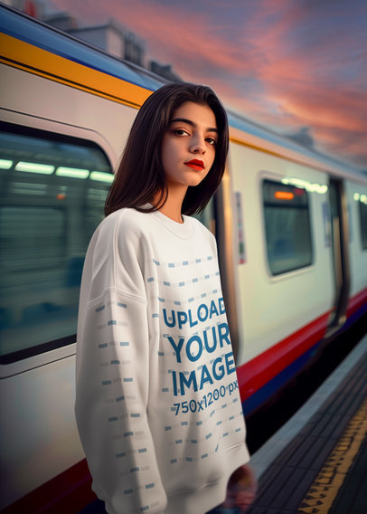AI-Created Sweatshirt Mockup of a Woman Standing Next to a Subway