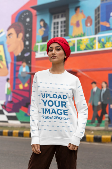 Sweatshirt Mockup Featuring a Woman With a Turban Posing With a Serious Look in the Street