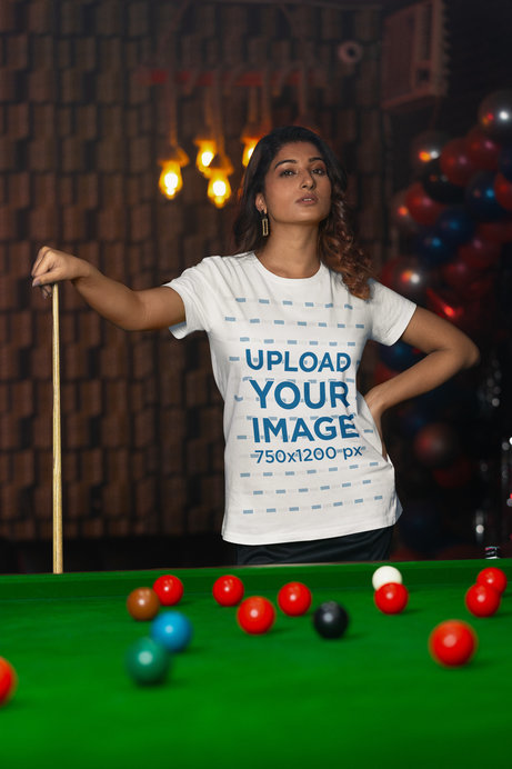 Scott International Tee Mockup of a Woman Playing Billiards