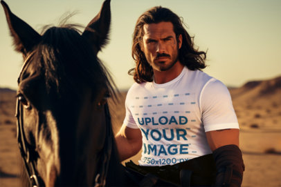 T-Shirt Mockup Featuring an AI-Generated Man in a Horse Inspired by a Medieval Fantasy Show