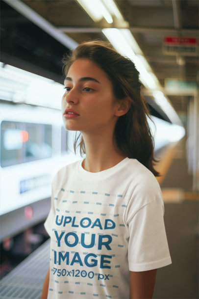 AI-Created T-Shirt Mockup of a Girl Waiting for the Subway