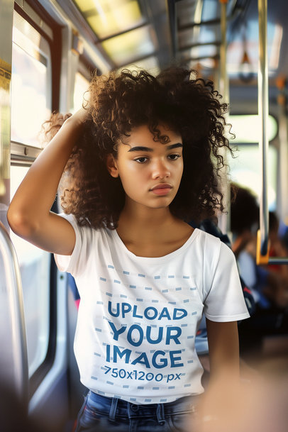 T-Shirt Mockup of a Woman with Curly Hair Wearing a Round-Neck Tee on the Subway
