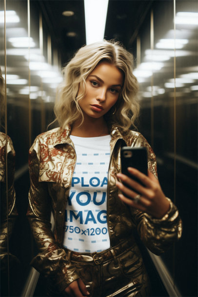 Round-Neck T-Shirt Mockup of an AI-Created Woman Taking a Mirror Selfie on an Elevator