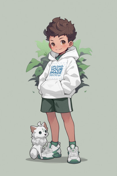Pullover Hoodie Mockup of an Illustrated Kid Standing Next to His Pokemon-Inspired Pet