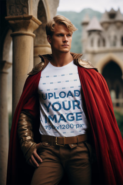 AI-Created Mockup of a Man Wearing a T-Shirt and a Knight Cape