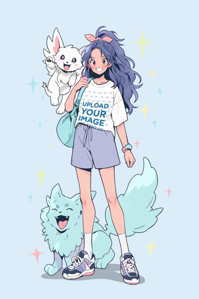 Illustrated Mockup of a Happy Girl Wearing a T-Shirt with Fantasy Creatures m38807