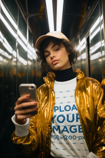AI-Generated Sweatshirt Mockup of a Woman Taking a Selfie in an Elevator 