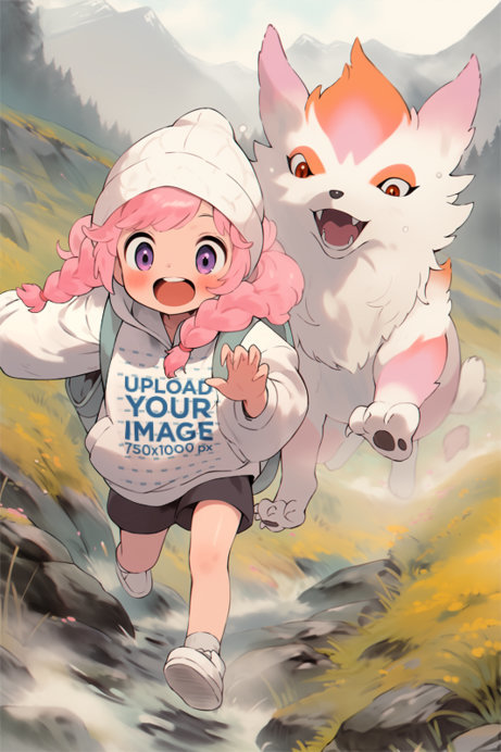 Hoodie Mockup of an Illustrated Girl Running from a Pokemon-Inspired Creature