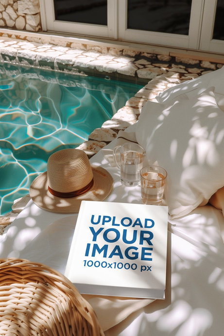 Mockup of an AI-Created Hardcover Book Lying on a Beach Chair Near a Pool