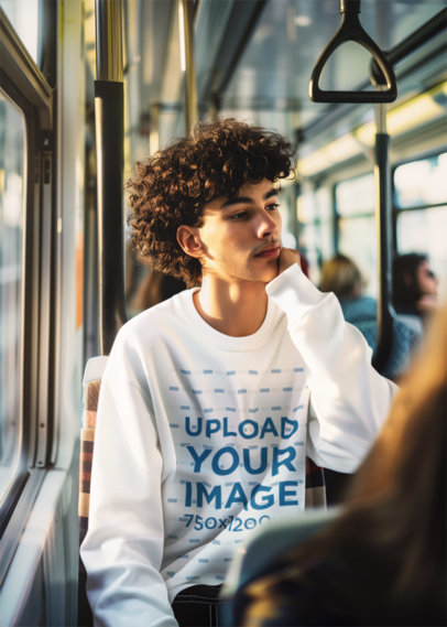 AI-Created Mockup of a Man with Curly Hair Wearing a Sweatshirt on the Subway
