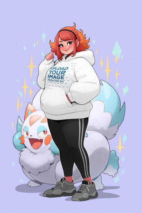 Illustrated Hoodie Mockup of an Anime-Aesthetic Woman Standing Next to a Fantasy Pet