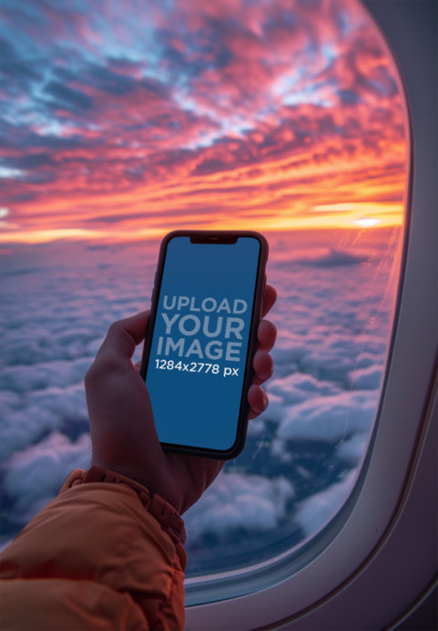AI-Created iPhone Mockup of a Person Taking a Picture of the Sky from a Plane Window