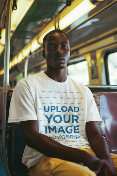 AI-Generated T-Shirt Mockup of a Man Riding the Subway 