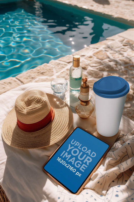 AI-Generated Mockup Featuring an iPad Placed on a Beach Lounge Chair by a Pool