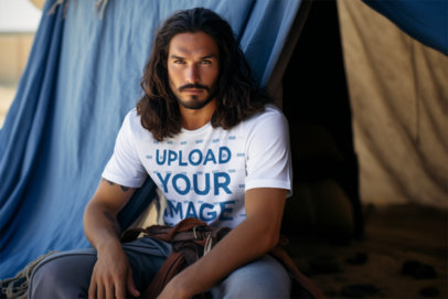 AI-Created Mockup Featuring a Bearded Man with Long Hair Wearing a T-Shirt
