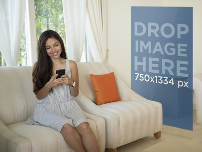 Screenshot Mockup of Young Woman Using Smartphone at Living Room