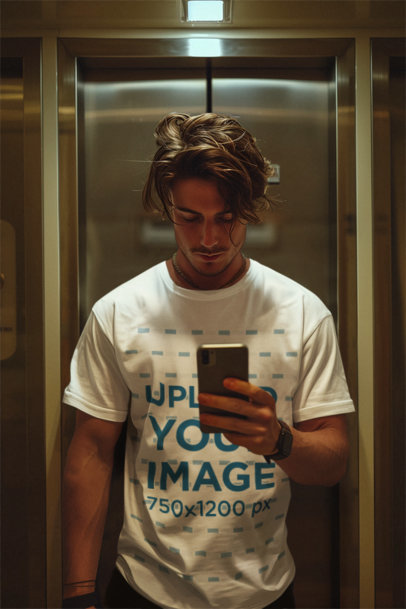 Crewneck Tee Mockup of a Man Taking a Selfie in an Elevator  m38864
