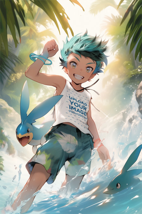 Tank Top Mockup of an AI-Created Teenage Boy and a Fantasy Animal Graphic