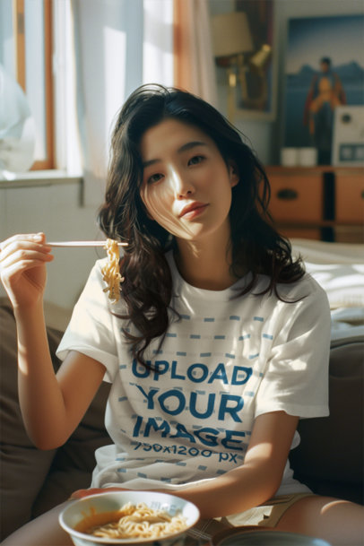 K-Drama-Inspired T-Shirt Mockup of a Woman Eating Ramen at Home 