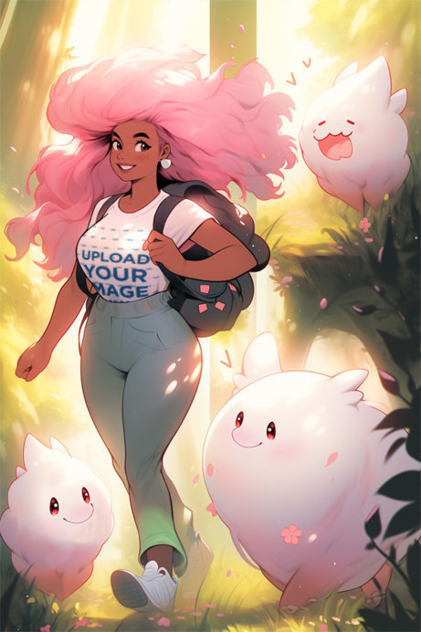 Illustrated T-Shirt Mockup of a Woman with Pink Hair Walking Next to Fantasy Creatures