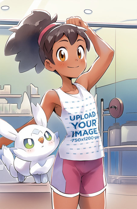 90s Anime-Inspired Tank Top Mockup of an Illustrated Girl at the Vet with Her Fantasy Pet