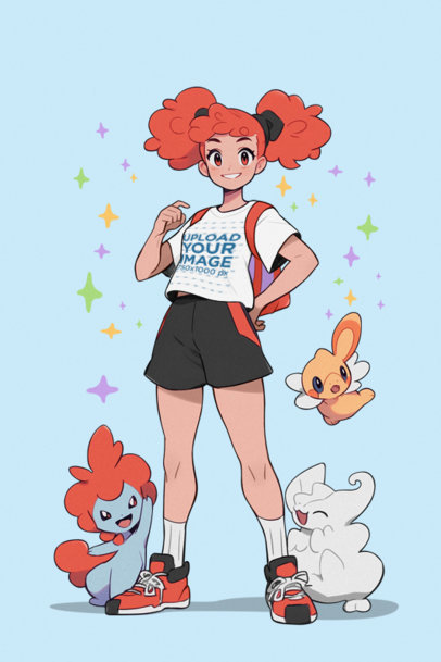 Retro Anime-Inspired Mockup of an Illustrated Girl Surrounded by Fantasy Creatures