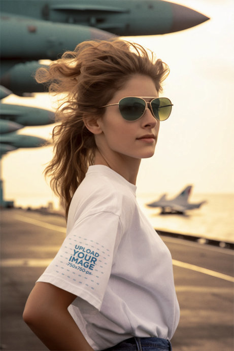 AI-Created Mockup of a Female Pilot Inspired by a 90s Movie Wearing a T-Shirt 