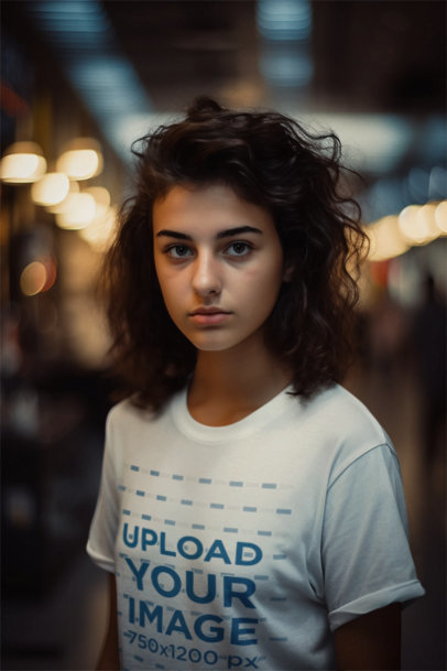 Closeup Mockup Featuring a Woman with Curly Hair Wearing a Crewneck T-Shirt