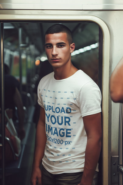 Round-Neck T-Shirt Mockup of an AI-Created Man Riding the Subway