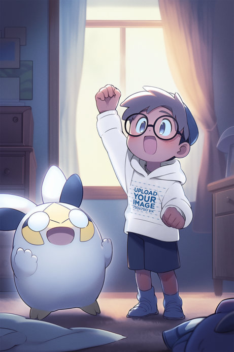 Mockup of an Illustrated Kid Wearing a Pullover Hoodie Next to a Fantasy Creature