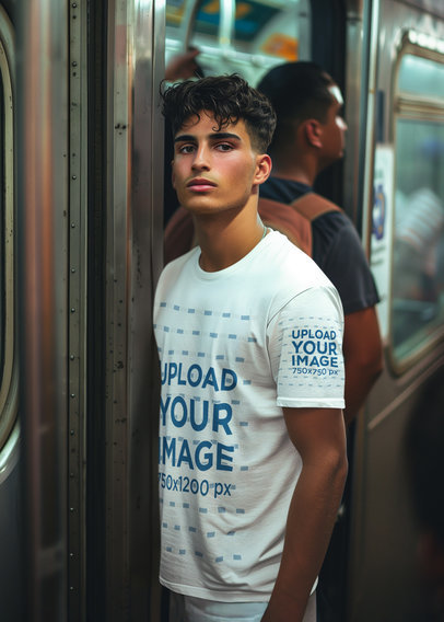 Round-Neck T-Shirt Mockup of an AI-Created Man Riding the Subway