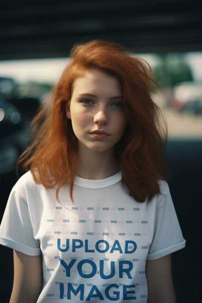 AI-Generated Mockup of a Red-Headed Woman Wearing a Crewneck T-Shirt m33580