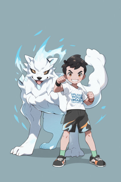 T-Shirt Mockup of an Illustrated Boy Standing Next to a Fantasy Creature