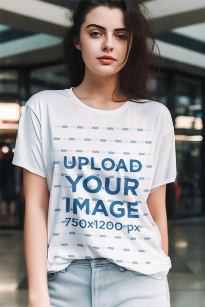 Round-Neck T-Shirt Mockup of an AI-Created Woman With a Movie Vibes Theme