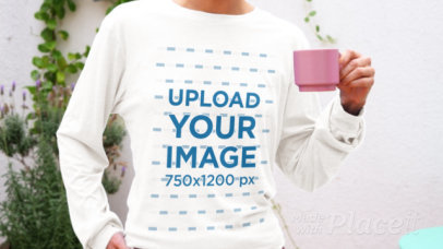 Bella Canvas Long-Sleeve Tee Video Featuring a Cropped-Face Woman With a Small Pink Mug 8179v