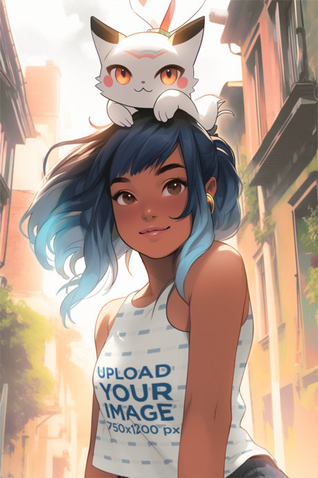 Illustrated Tank Top Mockup of a Woman with a Fantasy Creature on Her Head