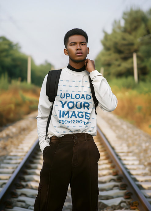 Long Sleeve Tee Mockup of a Teenage Boy Standing on Train Tracks