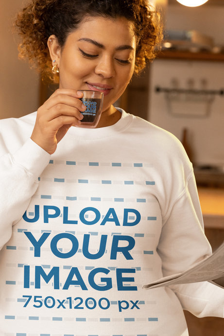 Gildan Sweatshirt Mockup Featuring a Woman Drinking a Espresso From a Shot Glass