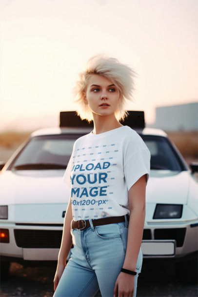 Retrofuturistic Movie-Inspired Mockup of a Woman with Dyed Hair Wearing a T-Shirt m33587