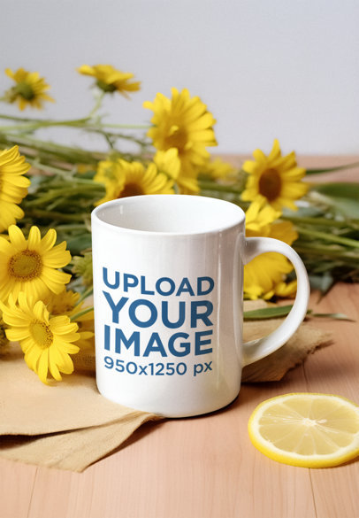 AI-Created Mockup of a Coffee Mug Placed in Front of Chamomile Flowers m36604