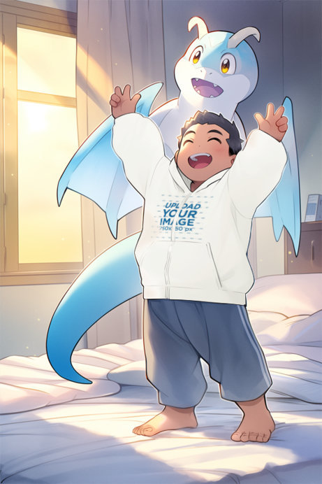 90s Anime-Inspired Hoodie Mockup of a Joyful Kid Standing with His Fantasy Winged Pet