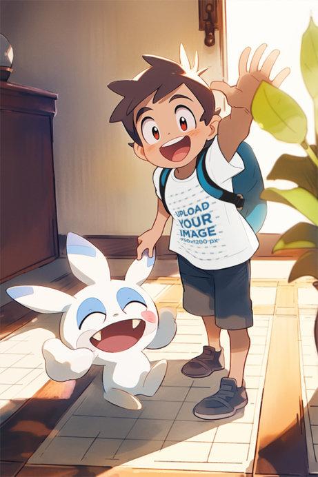 Anime-Inspired T-Shirt Mockup of a Happy Kid and His Fantasy Pet Waving at the Camera