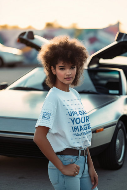 Retro Movie-Inspired Mockup of a Woman with an Afro Hairstyle Wearing a T-Shirt 
