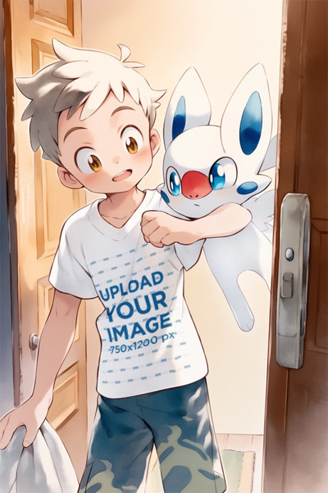 Mockup of an Anime Boy Wearing a T-Shirt Next to His Fantasy Pet