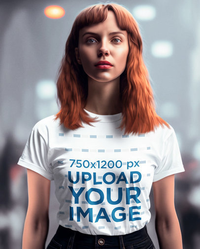 Mockup of an AI-Generated Woman with Red Hair Wearing a Round-Neck Tee